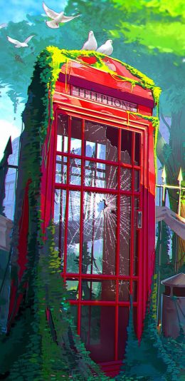 [2436x1125]动漫 场景 电话亭 玻璃 苹果手机动漫壁纸图片