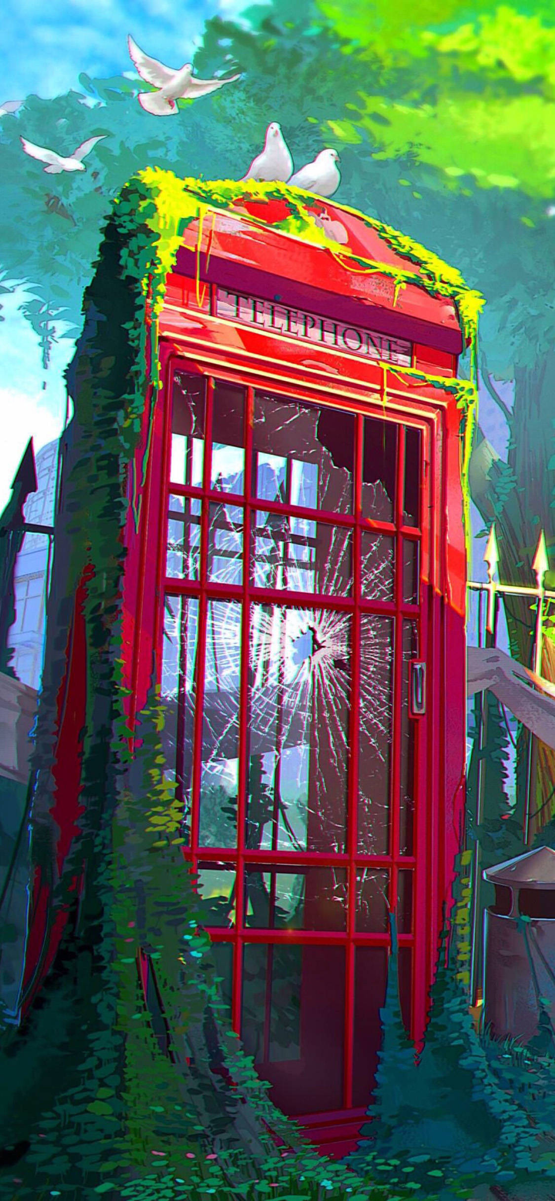 [2436×1125]动漫 场景 电话亭 玻璃 苹果手机动漫壁纸图片