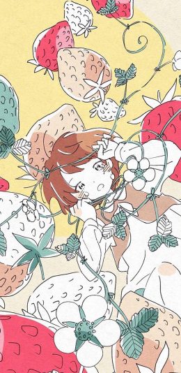 [2436x1125]动漫 女孩 草莓 缠绕 苹果手机动漫壁纸图片