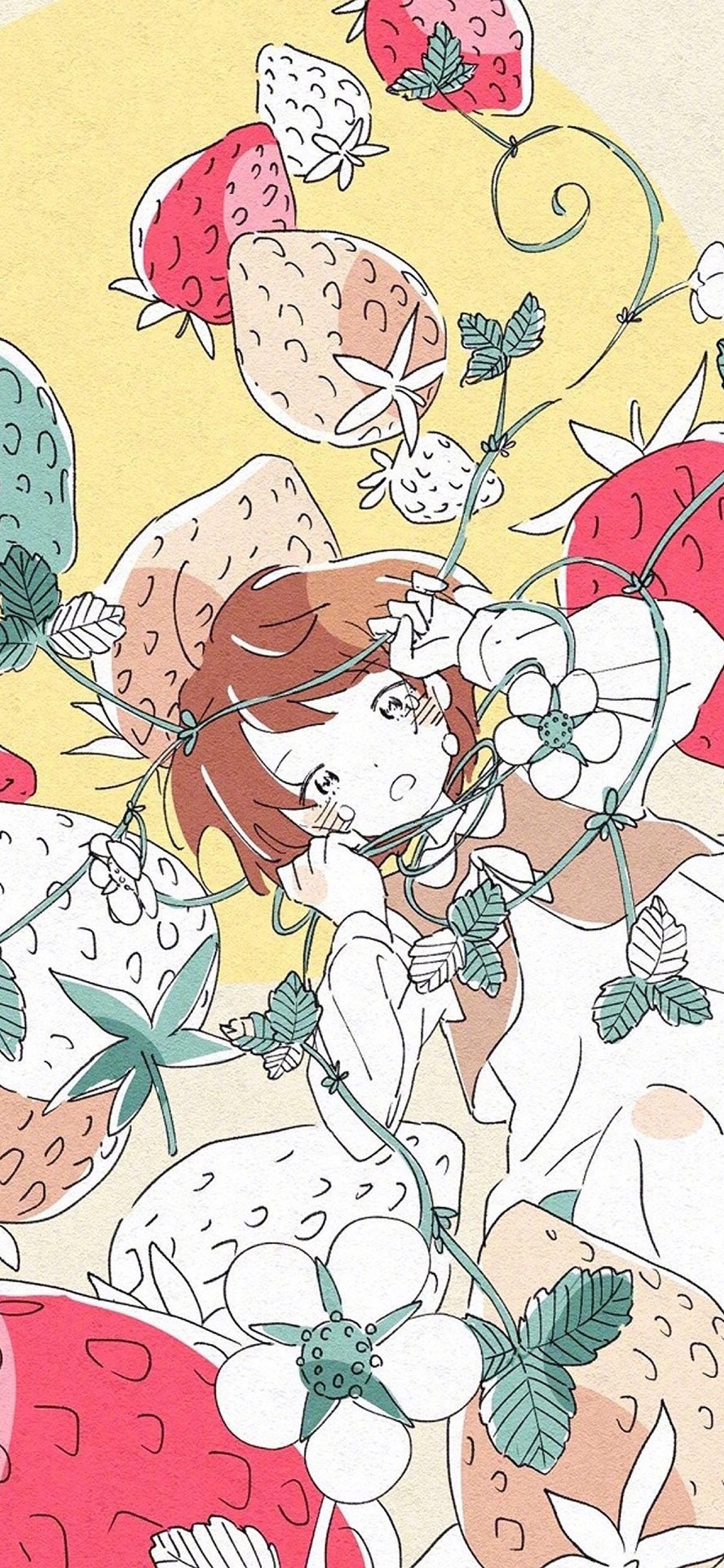 [2436×1125]动漫 女孩 草莓 缠绕 苹果手机动漫壁纸图片