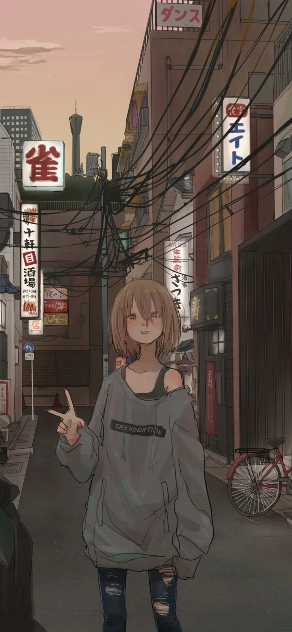 [2436×1125]动漫 少女 剪刀手 日系 苹果手机动漫壁纸图片