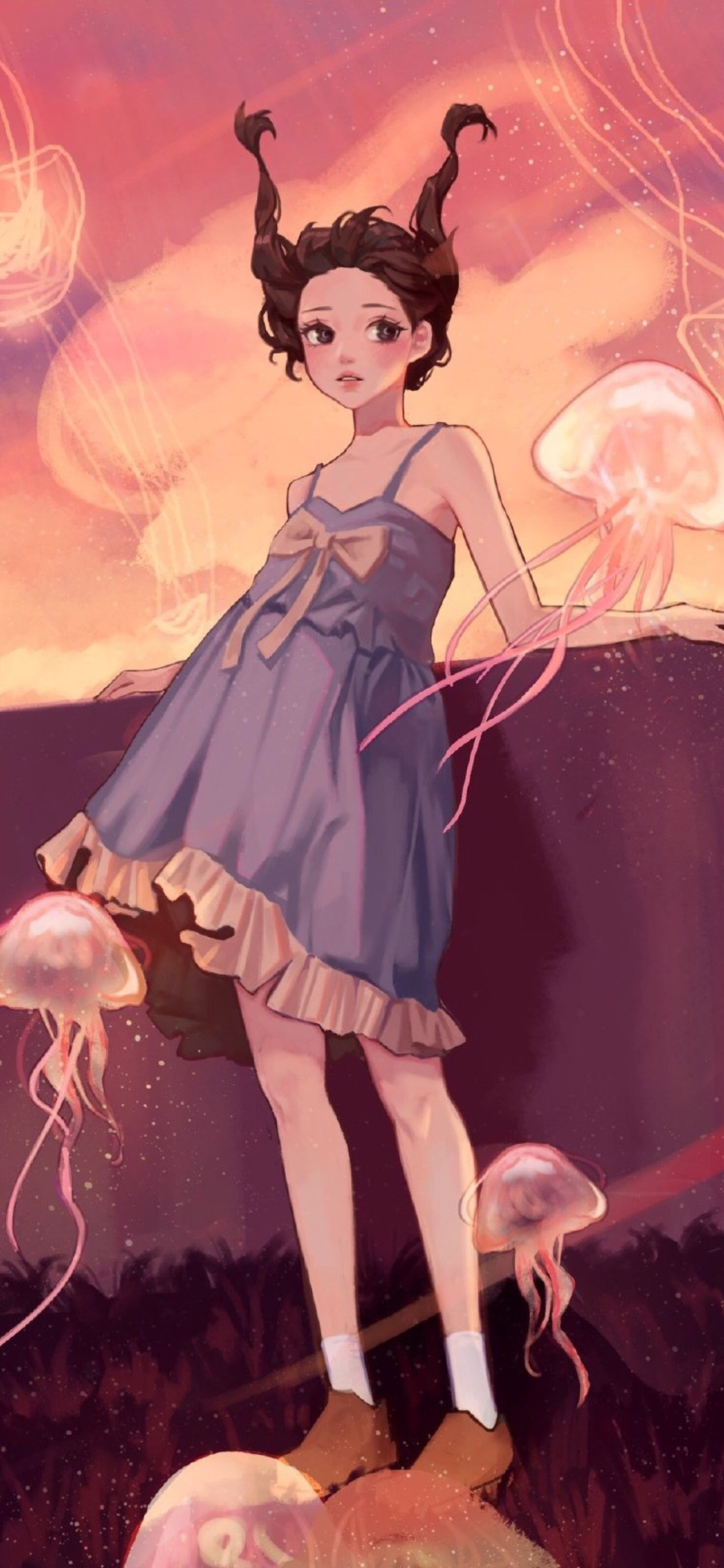 [2436×1125]动漫 少女 萝莉 水母 作者：ubokhee 苹果手机动漫壁纸图片