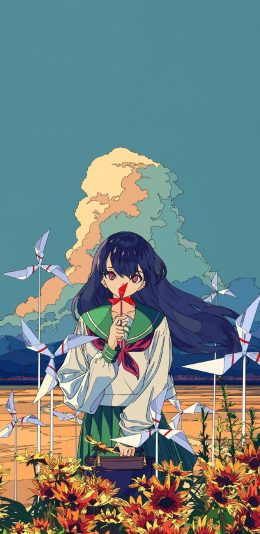 [2436x1125]动漫 少女 风车 日系 插画师 焦茶 苹果手机动漫壁纸图片