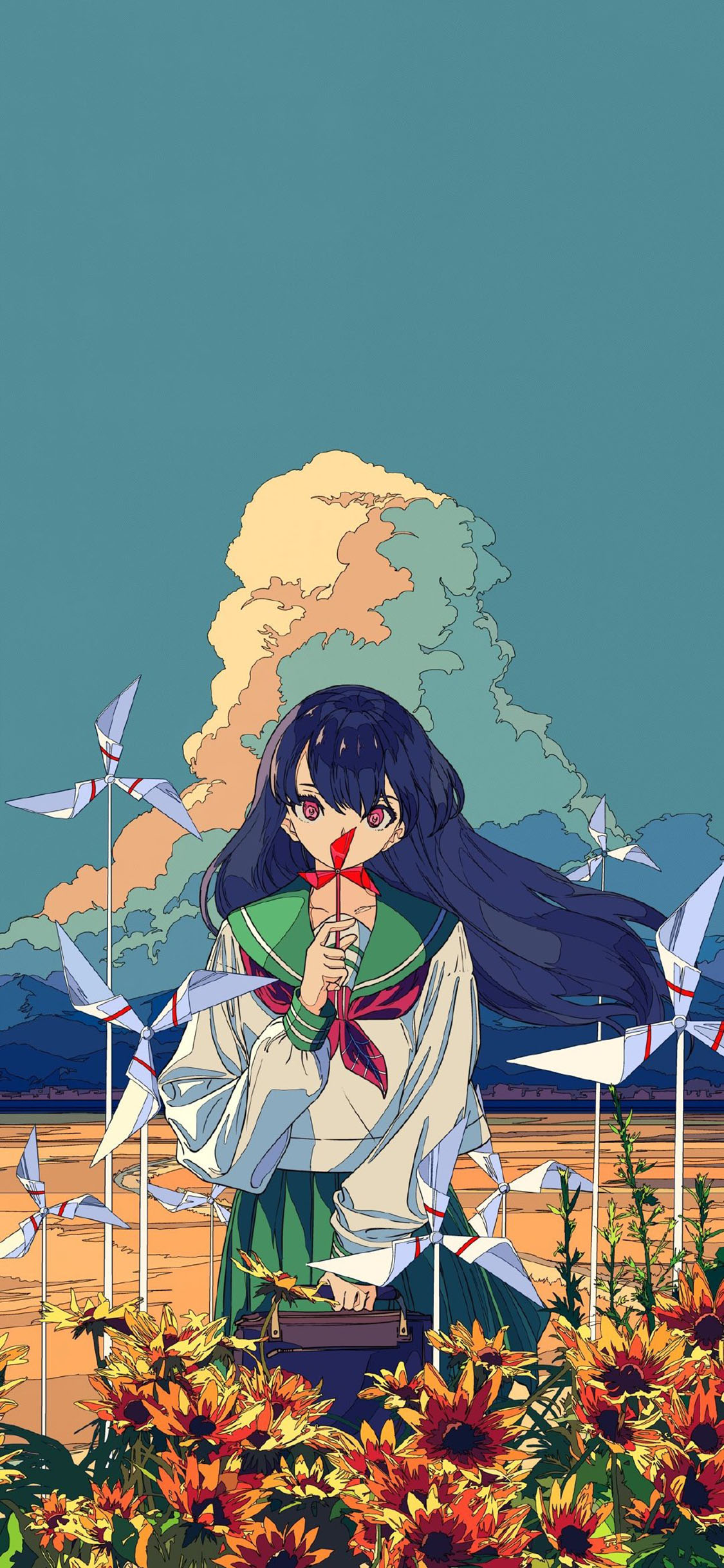 [2436×1125]动漫 少女 风车 日系 插画师 焦茶 苹果手机动漫壁纸图片