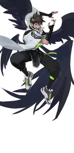 [2436x1125]动漫 少年 二次元 黑色翅膀 苹果手机动漫壁纸图片