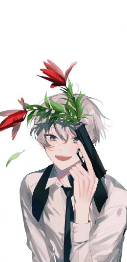 [2436x1125]动漫 少年 枪支 花 二次元 苹果手机动漫壁纸图片