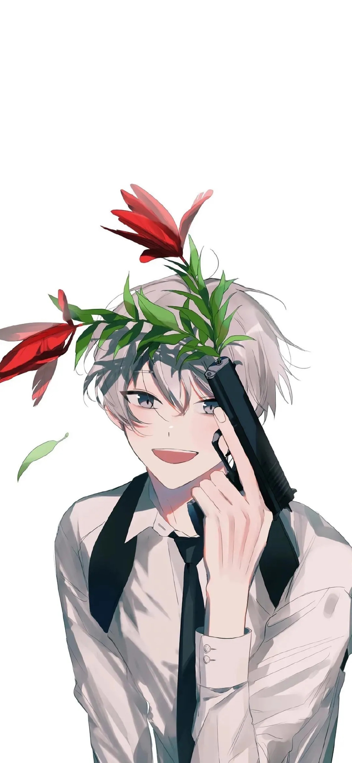 [2436×1125]动漫 少年 枪支 花 二次元 苹果手机动漫壁纸图片