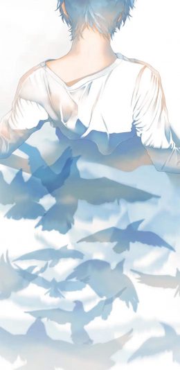 [2436x1125]动漫 插图 少年 背影 白鸽 P站画师Re° 苹果手机动漫壁纸图片