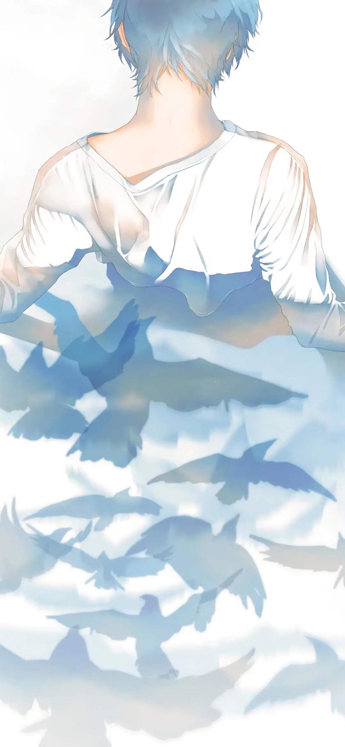 [2436×1125]动漫 插图 少年 背影 白鸽 P站画师Re° 苹果手机动漫壁纸图片