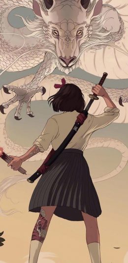 [2436x1125]动漫 插图 白龙 少女 背影 苹果手机动漫壁纸图片