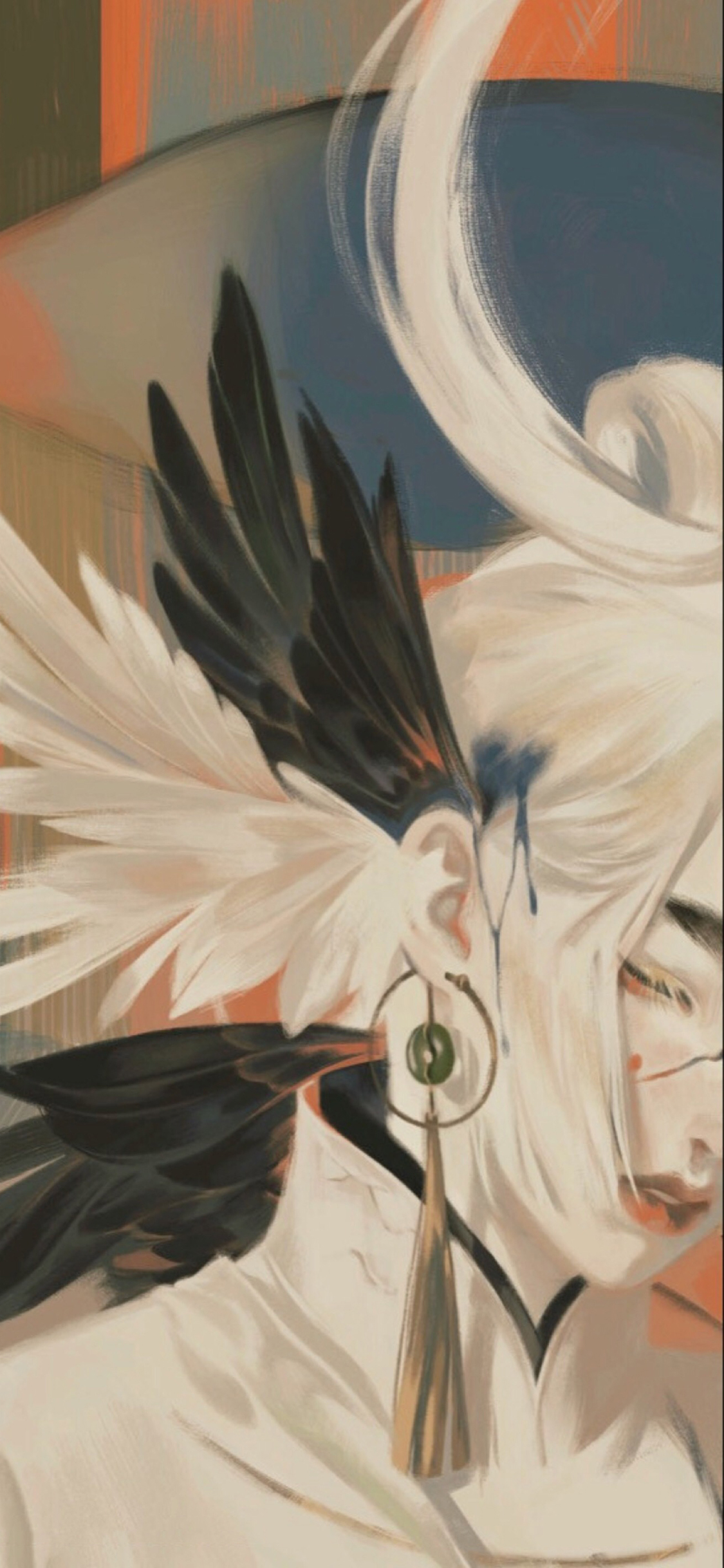 [2436×1125]动漫 插画 侧脸 羽毛 苹果手机动漫壁纸图片