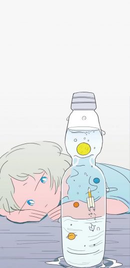 [2436x1125]动漫 插画 女孩 汽水 行星 苹果手机动漫壁纸图片