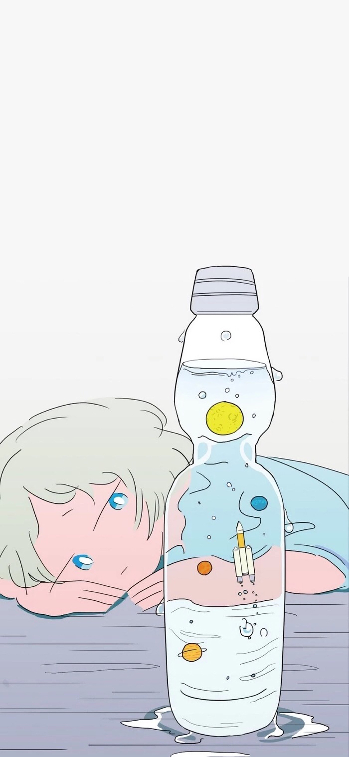 [2436×1125]动漫 插画 女孩 汽水 行星 苹果手机动漫壁纸图片