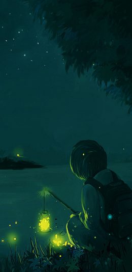 [2436x1125]动漫场景 少年 萤火虫 苹果手机动漫壁纸图片