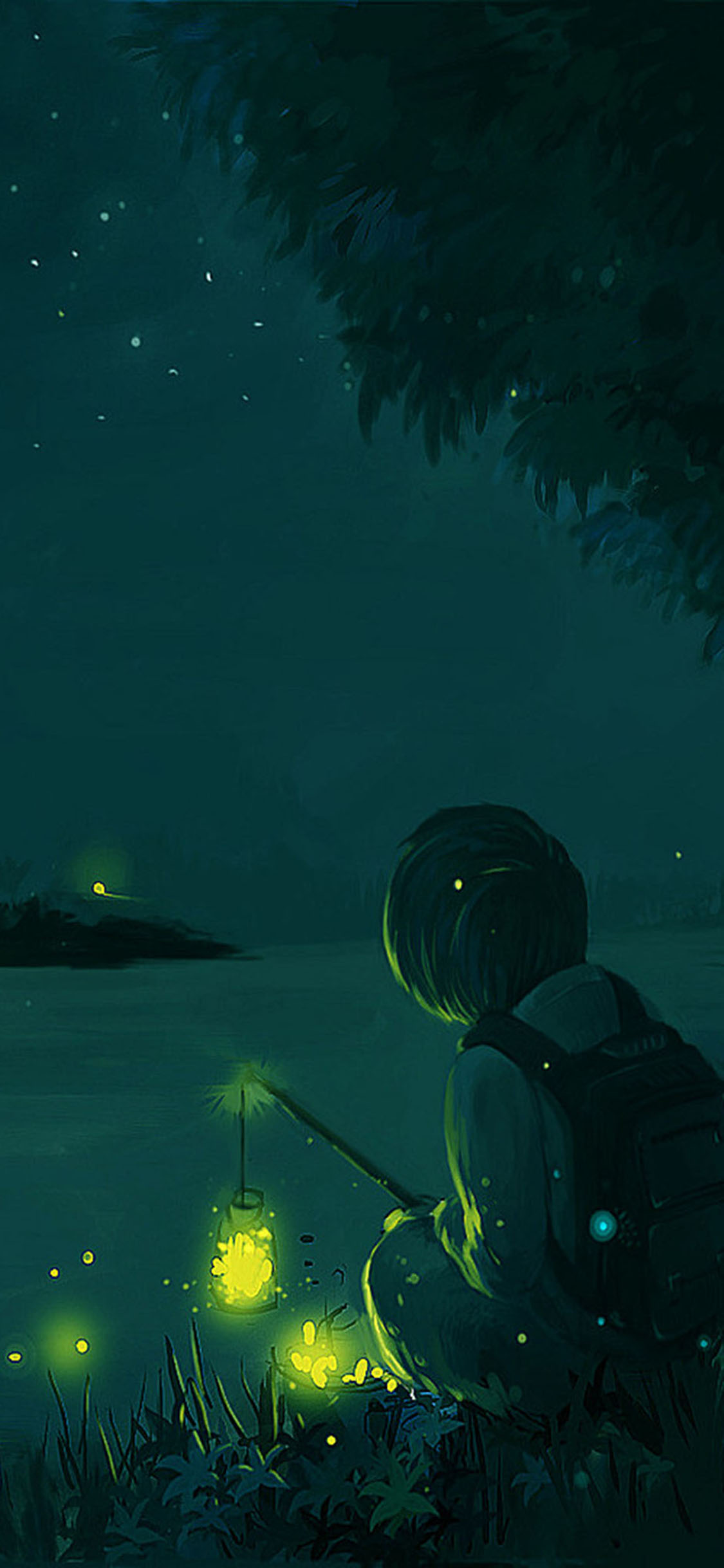 [2436×1125]动漫场景 少年 萤火虫 苹果手机动漫壁纸图片