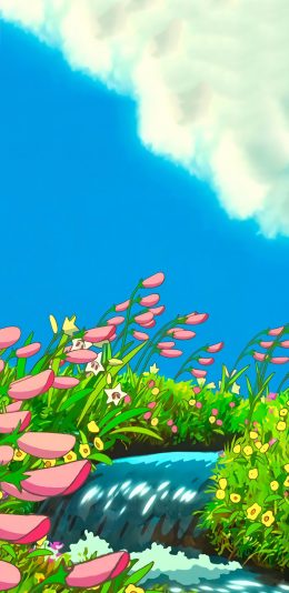 [2436x1125]动漫场景 插画 河流 花草 苹果手机动漫壁纸图片