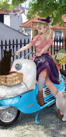 [2436x1125]动漫少女 夏日 小清新 摩托车 苹果手机动漫壁纸图片