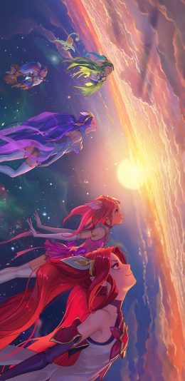 [2436x1125]动漫少女 天空 小精灵 梦幻场景 苹果手机动漫壁纸图片