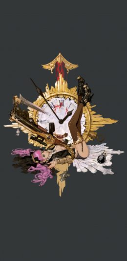 [2436x1125]动漫少女 暗黑系 钟表 枪支 苹果手机动漫壁纸图片