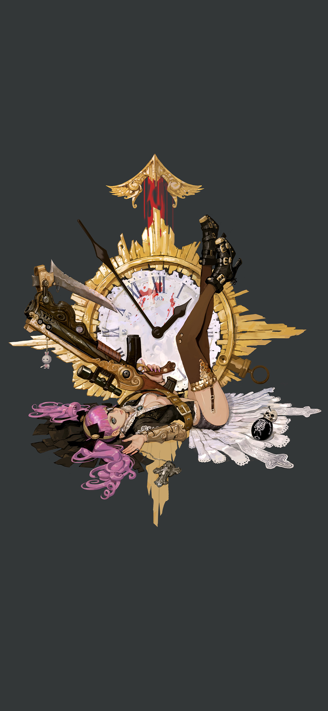 [2436×1125]动漫少女 暗黑系 钟表 枪支 苹果手机动漫壁纸图片