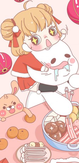 [2436x1125]动漫少女 火锅 灯笼 苹果手机动漫壁纸图片