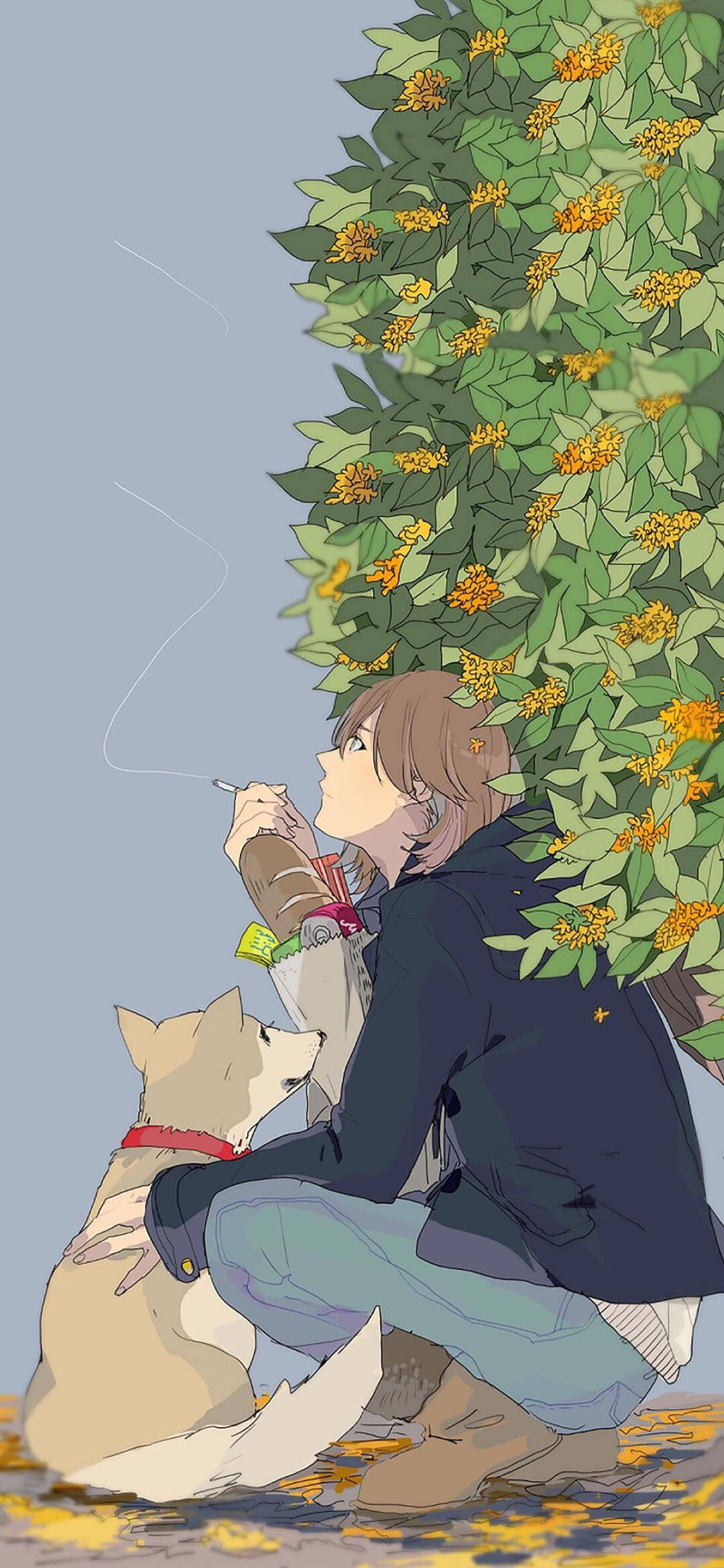 [2436×1125]动漫少年 抽烟 宠物狗 苹果手机动漫壁纸图片