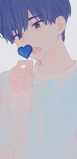 [2436x1125]动漫少男 二次元 糖果 蓝色 爱心 苹果手机动漫壁纸图片