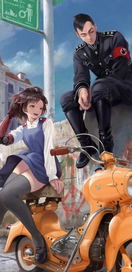 [2436x1125]动漫情侣 手绘 摩托 苹果手机动漫壁纸图片