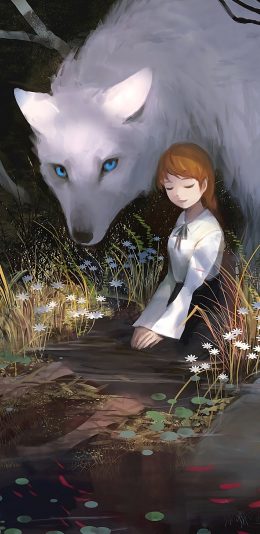 [2436x1125]动漫插画 大狼 女孩  もの久保作品 苹果手机动漫壁纸图片