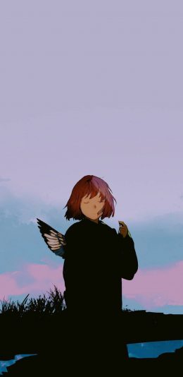 [2436x1125]动漫插画 女孩 短发 翅膀 苹果手机动漫壁纸图片