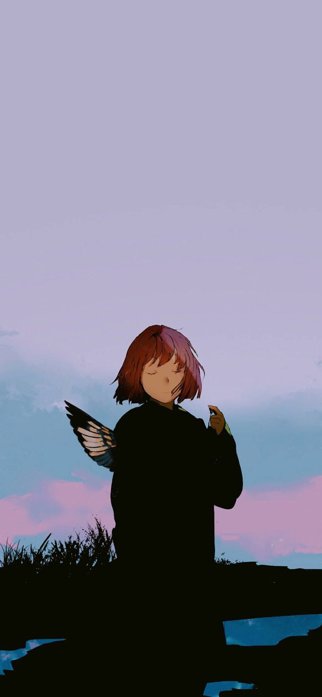 [2436×1125]动漫插画 女孩 短发 翅膀 苹果手机动漫壁纸图片