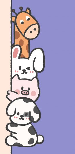 [2436x1125]动物 卡通 可爱 兔子 长颈鹿 猪 狗狗 紫色 苹果手机动漫壁纸图片