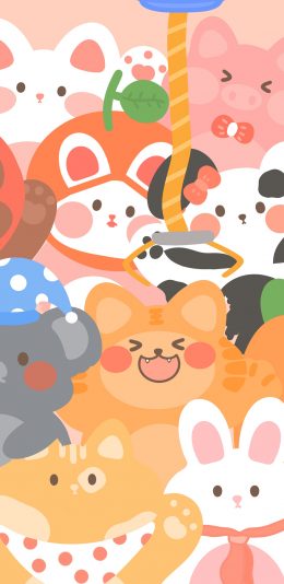 [2436x1125]动物 夹娃娃 兔子 猫 考拉 色彩 苹果手机动漫壁纸图片