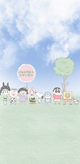 [2436x1125]动画人物 龙猫 胡图图 小丸子 小新（取自微博：寄喜饼给你喔） 苹果手机动漫壁纸图片