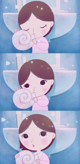 [2436x1125]动画片 海洋之歌 小女孩 海螺 苹果手机动漫壁纸图片