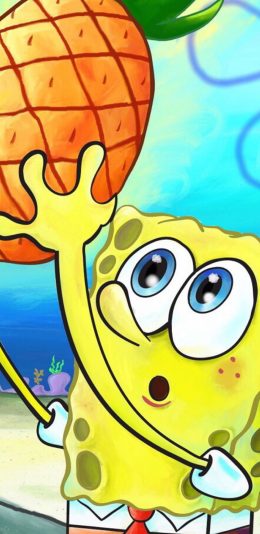 [2436x1125]动画片 海绵宝宝 派大星 菠萝 苹果手机动漫壁纸图片