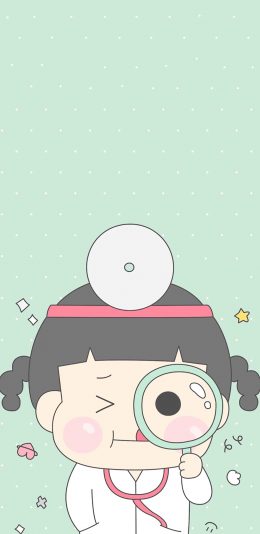[2436x1125]医生 卡通 绿色 可爱 放大镜 女孩 苹果手机动漫壁纸图片