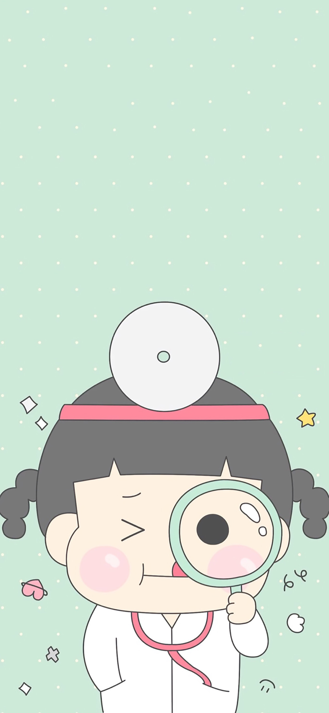 [2436×1125]医生 卡通 绿色 可爱 放大镜 女孩 苹果手机动漫壁纸图片