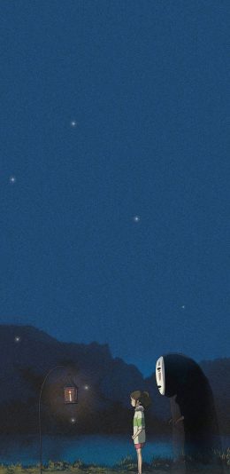 [2436x1125]千与千寻 宫崎骏 无脸男 夜晚 苹果手机动漫壁纸图片