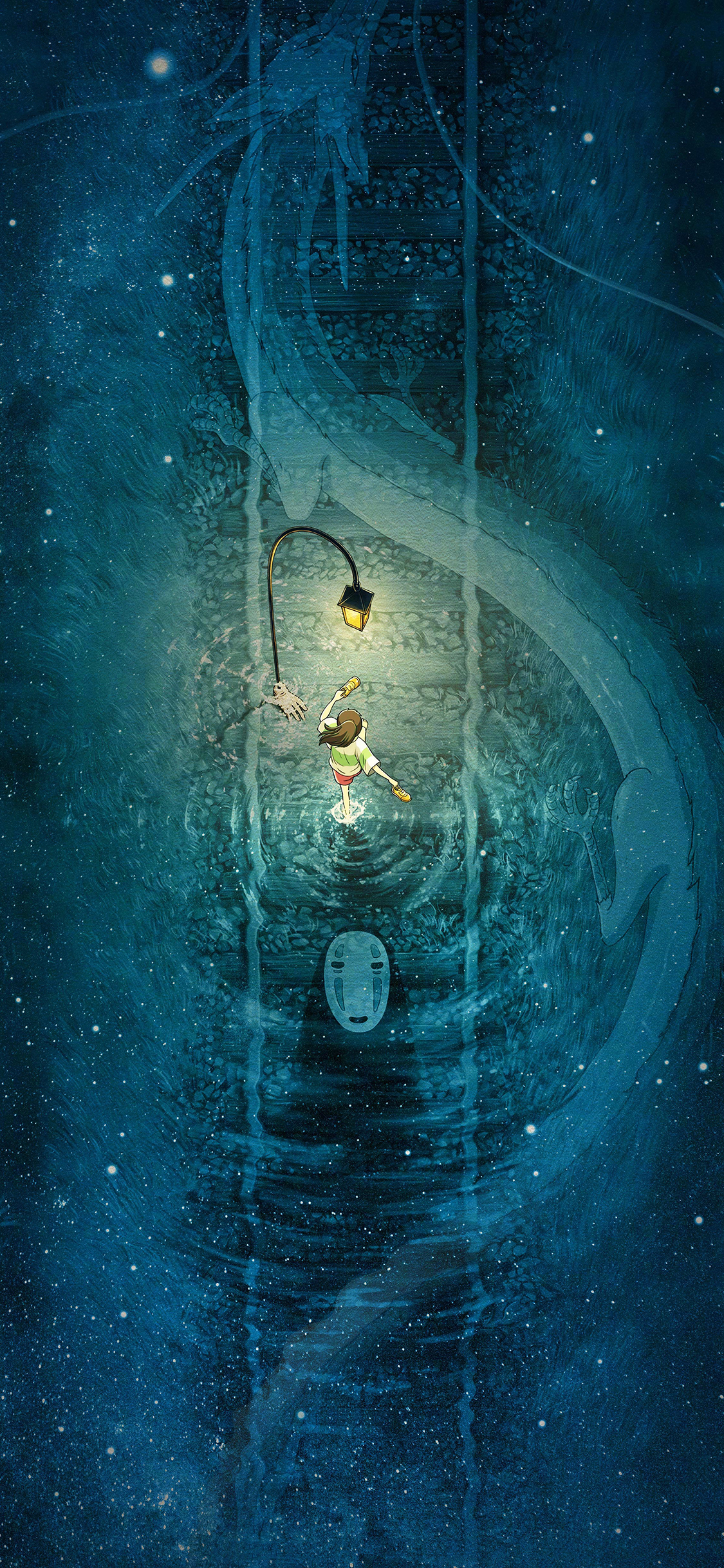 [2436×1125]千与千寻 宫崎骏 无脸男 奔跑 小白龙 苹果手机动漫壁纸图片