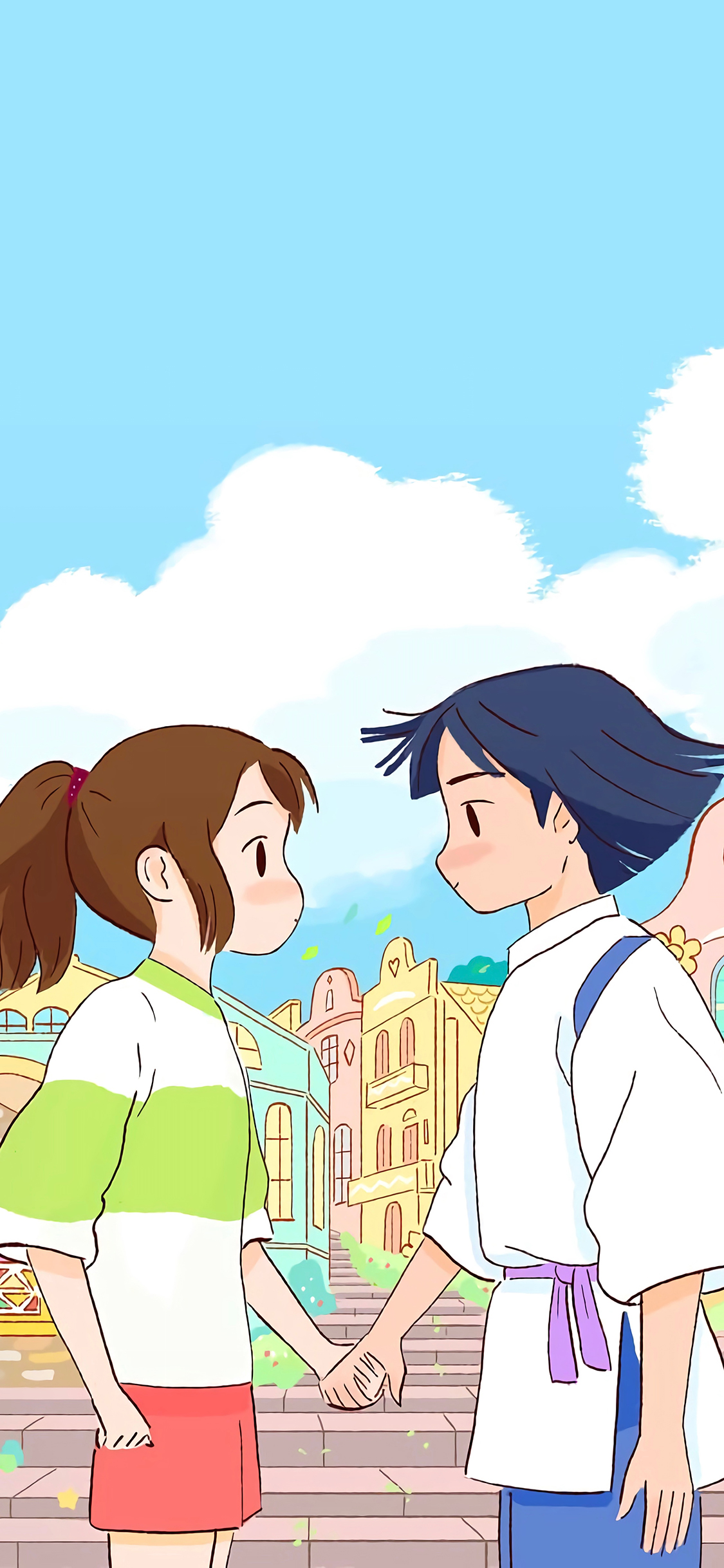 [2436×1125]千与千寻 宫崎骏 漫画 牵手 苹果手机动漫壁纸图片