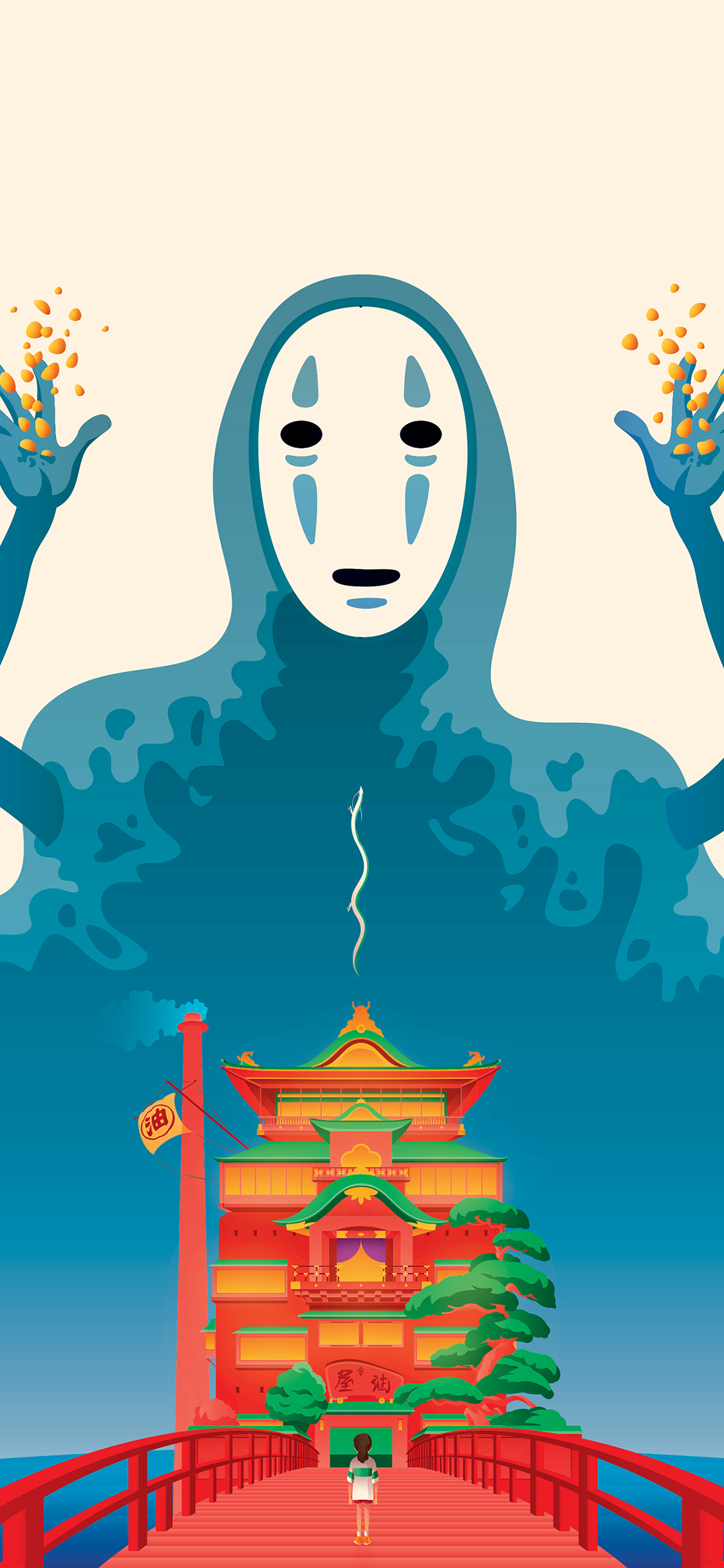 [2436×1125]千与千寻 日本 漫画 宫崎骏 无脸男 苹果手机动漫壁纸图片