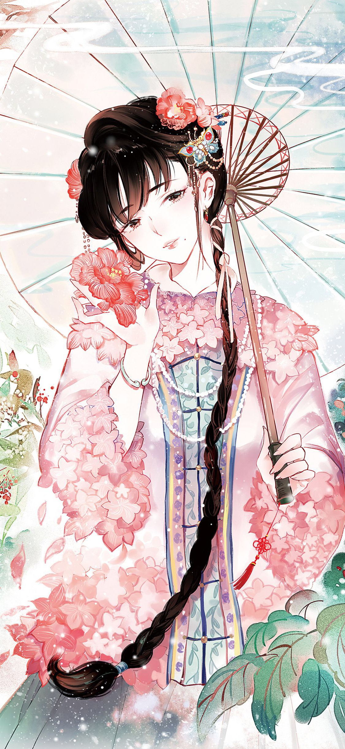 [2436×1125]南烟斋笔录 古风 女子 纸伞 古典 苹果手机动漫壁纸图片