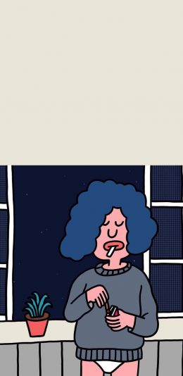 [2436x1125]卡维卡特 爆炸头女孩 抽烟 苹果手机动漫壁纸图片