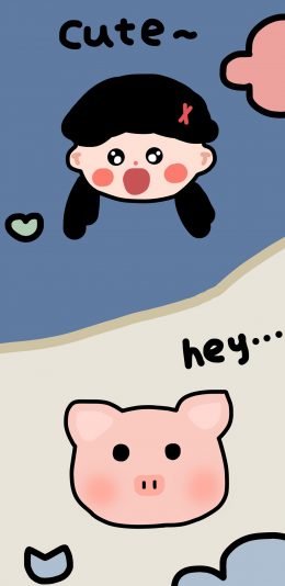 [2436x1125]卡通 cute 猪头 女孩 hey 苹果手机动漫壁纸图片