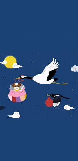 [2436x1125]卡通 仙鹤 送子鹤 狗狗 包裹 苹果手机动漫壁纸图片