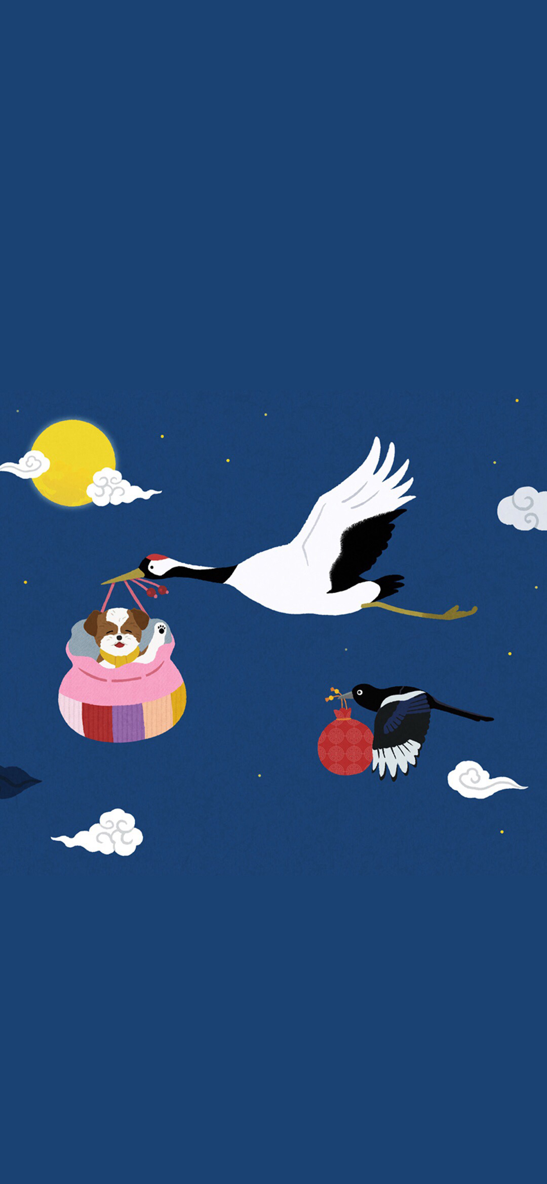 [2436×1125]卡通 仙鹤 送子鹤 狗狗 包裹 苹果手机动漫壁纸图片