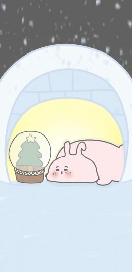 [2436x1125]卡通 兔兔 圣诞树 等待 睡觉 苹果手机动漫壁纸图片
