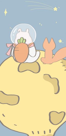 [2436x1125]卡通 兔兔 胡萝卜 星球（取自微博：寄喜饼给你喔） 苹果手机动漫壁纸图片