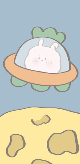 [2436x1125]卡通 兔兔 飞行器 星球（取自微博：寄喜饼给你喔） 苹果手机动漫壁纸图片